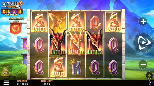 Knight's Gold Rush five reel board with contagious dragon wilds and mountain backdrop