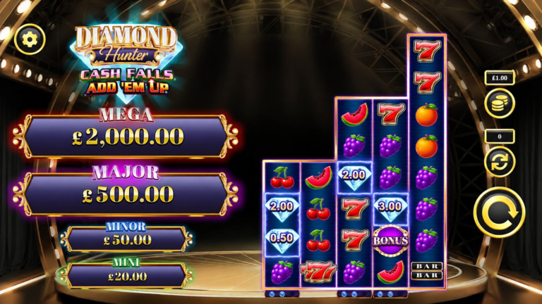 Diamond Hunter Cash Falls Add Em Up gameplay with full reel layout and jackpot ladder