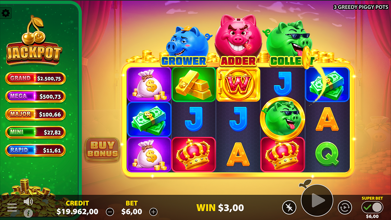 3 Greedy Piggy Pots full gameplay showing the Grower, Adder and Collector pigs above a five-reel grid