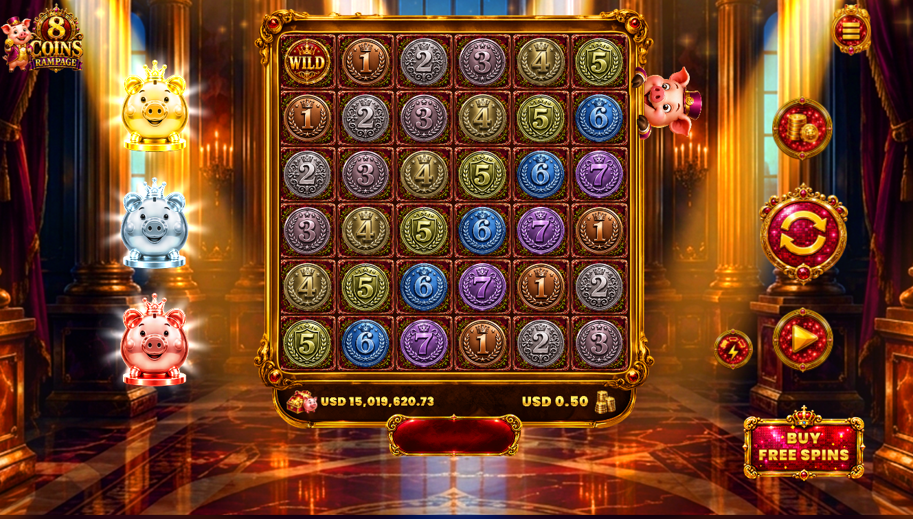 8 Coins Rampage slot gameplay screenshot showing the coin grid