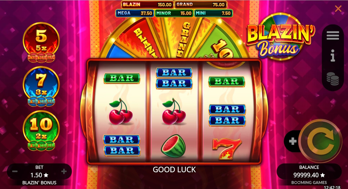 Blazin' Bonus three reel game with fruit and BAR symbols, bonus wheel and three free spin counters