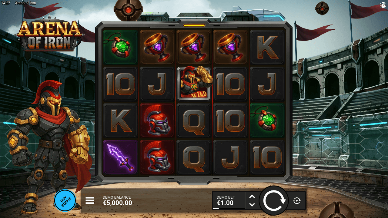 Arena of Iron full landscape board with robotic gladiator, five reels and game controls