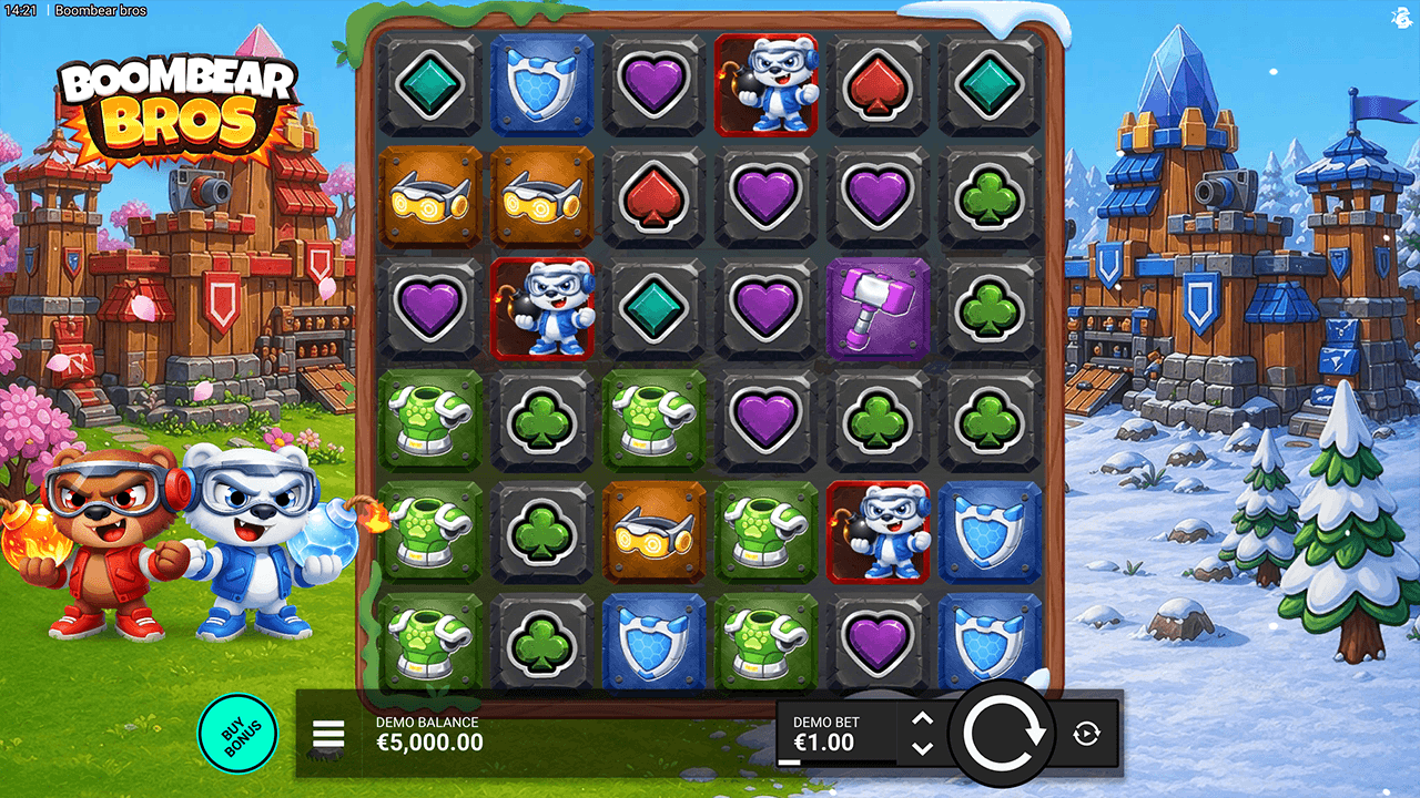 Boombear Bros six-by-six grid between fire and ice castles