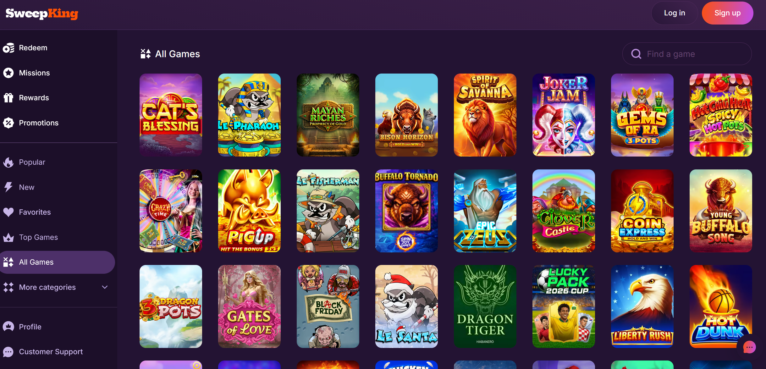 SweepKing games lobby