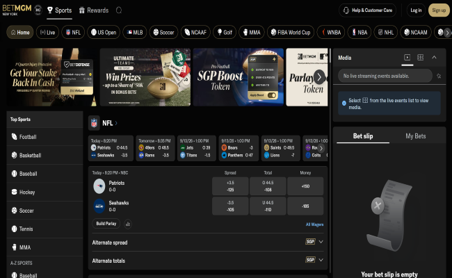 BetMGM Sportsbook NFL betting lobby with bet slip