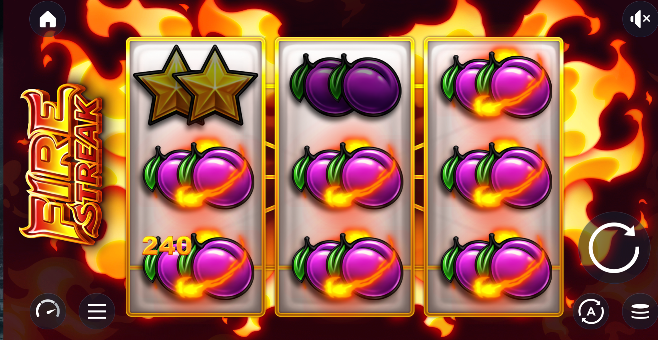 Fire Streak full three-reel gameplay showing fiery plum symbols and controls