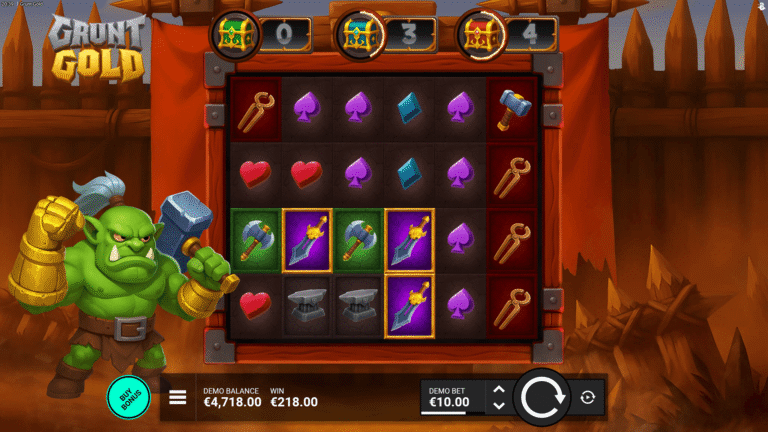 Grunt Gold six-reel grid and three token chests