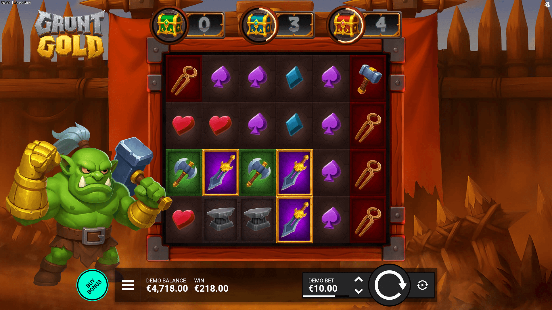 Grunt Gold six-reel grid and three token chests