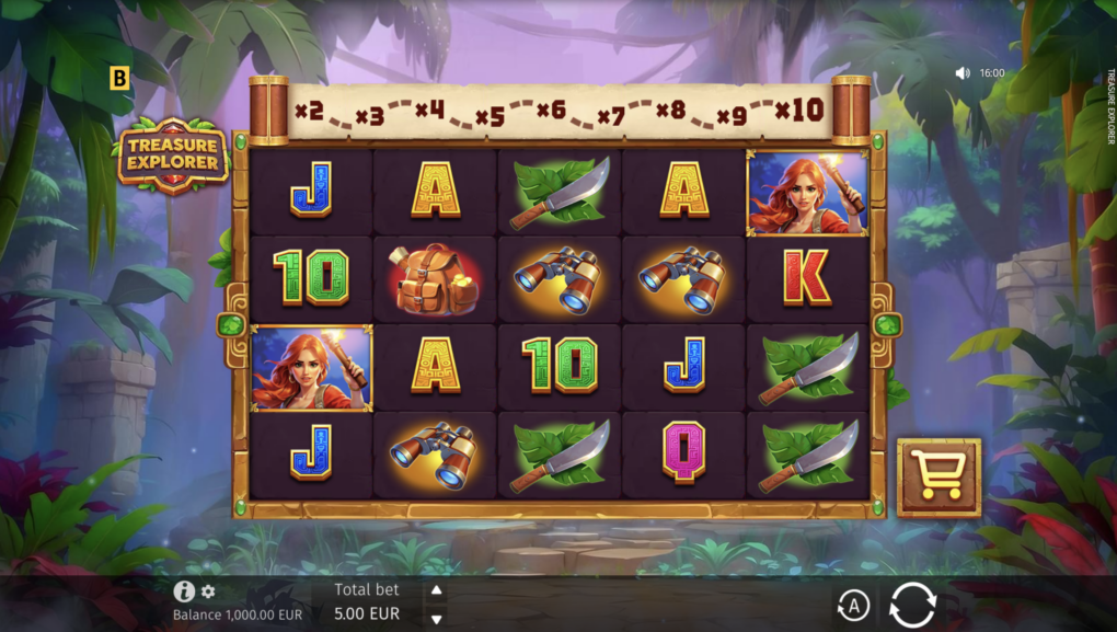 Treasure Explorer five-reel four-row jungle grid with multiplier map and full gameplay controls