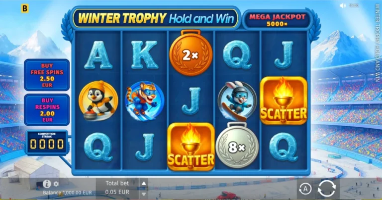 Winter Trophy five-reel three-row snowy stadium grid with animal athletes, medals, torch scatters and full controls