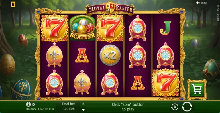 Royal Easter five-reel gameplay with decorated eggs, scatter basket and multiplier coin