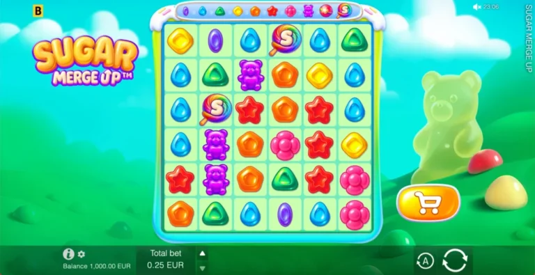 Sugar Merge Up six by six candy grid with the full game controls and gummy bear background