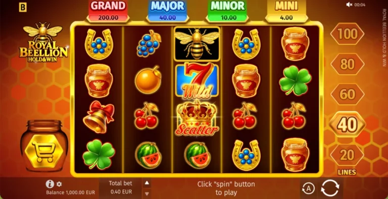 Royal Beellion Hold and Win five-by-four honeycomb game with selectable lines, Bee, Wild and crown Scatter symbols