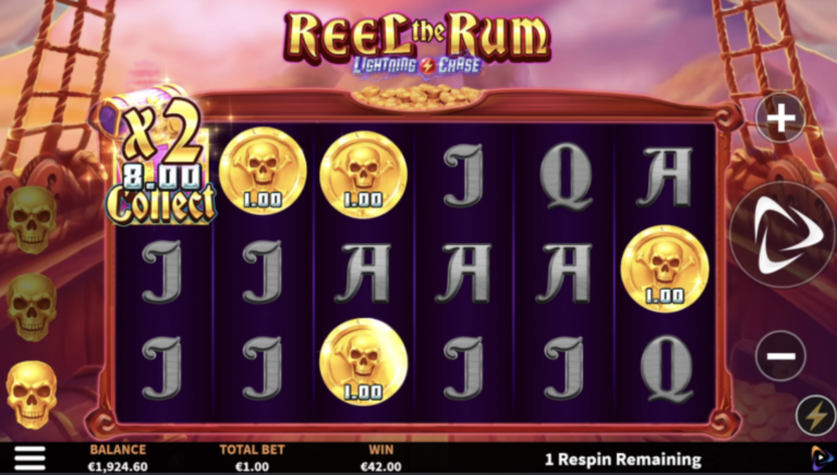 Reel the Rum six reel three row game with skull coins and Collect multiplier aboard a pirate ship