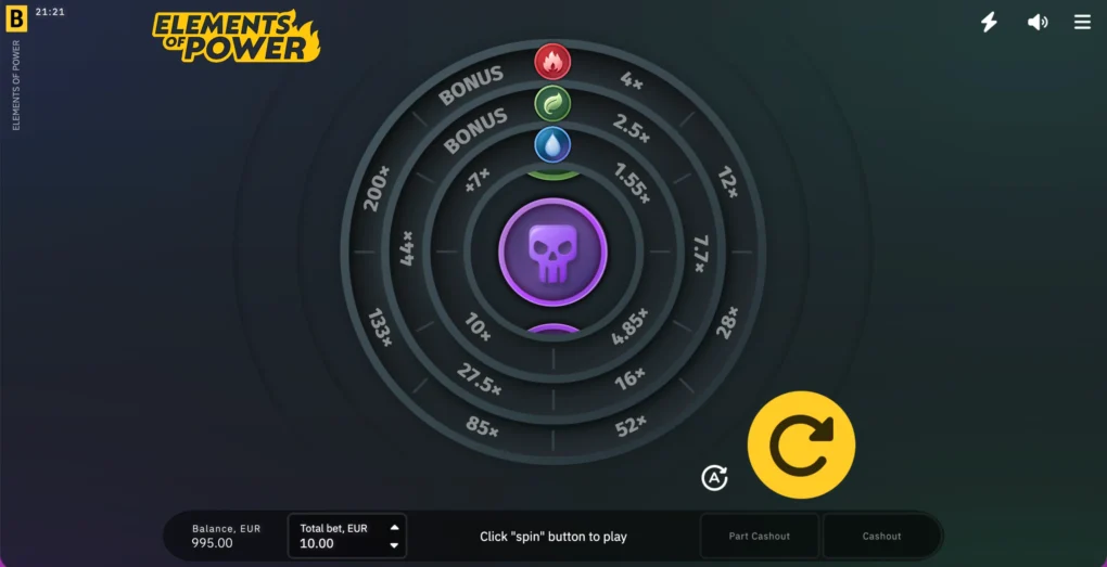 Elements of Power circular elemental tracks with the spin and cashout controls