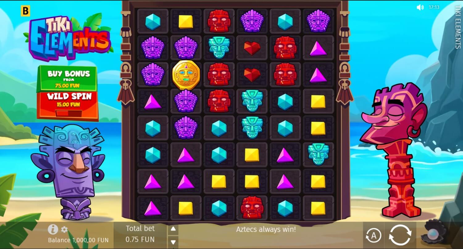 Tiki Elements six-column eight-row mask and gem grid with full beach scene and game controls