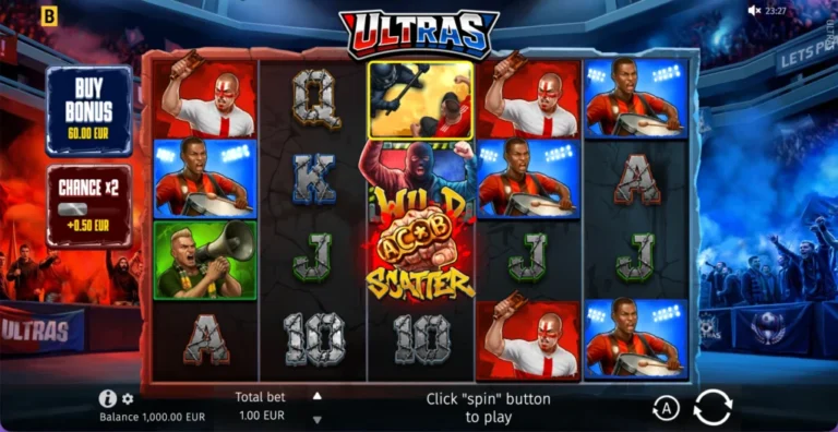 Ultras five-reel four-row stadium board framed by red and blue supporter sections with full controls