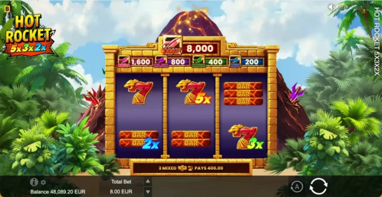 Hot Rocket three-reel volcano slot with symbol multipliers