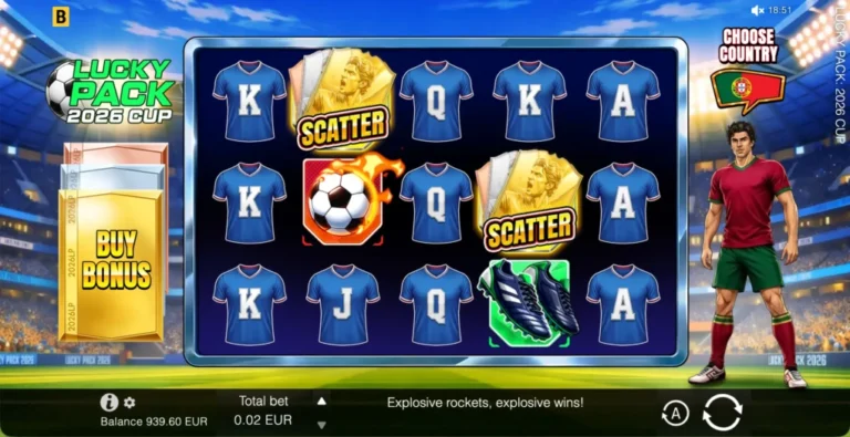 Lucky Pack 2026 Cup football stadium with five reels, Scatter cards and country-selected player