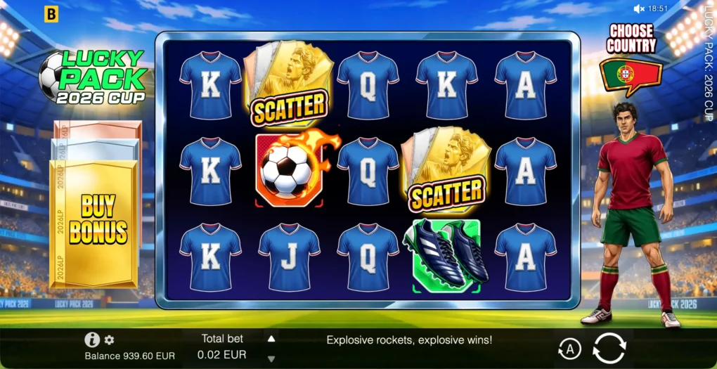 Lucky Pack 2026 Cup football stadium with five reels, Scatter cards and country-selected player