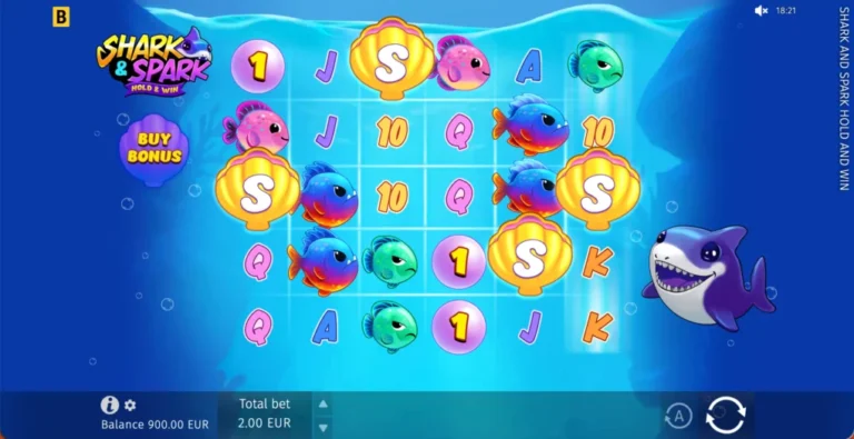 Shark and Spark six-column five-row game with shell scatters, fish and pink pearls
