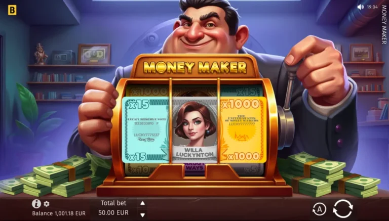 Money Maker single-line banknote slot with three note fragments and cartoon banker