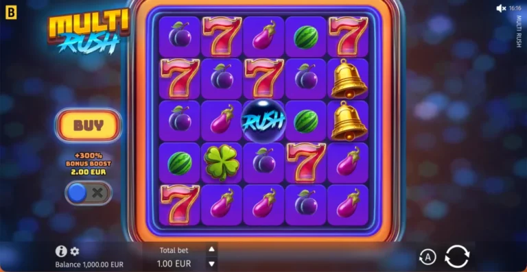 Multi Rush five-by-five neon fruit grid with a Rush symbol and bonus controls