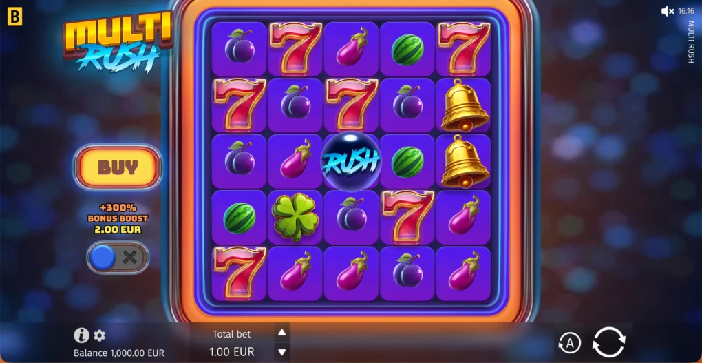 Multi Rush five-by-five neon fruit grid with a Rush symbol and bonus controls