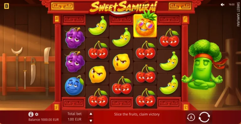 Sweet Samurai asymmetric fruit reels in a red dojo with the broccoli samurai and full controls