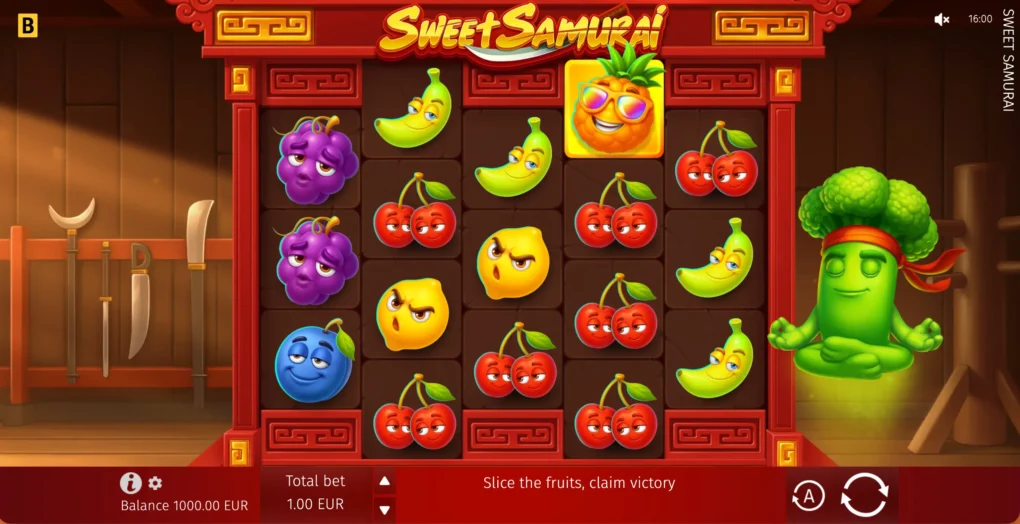 Sweet Samurai asymmetric fruit reels in a red dojo with the broccoli samurai and full controls