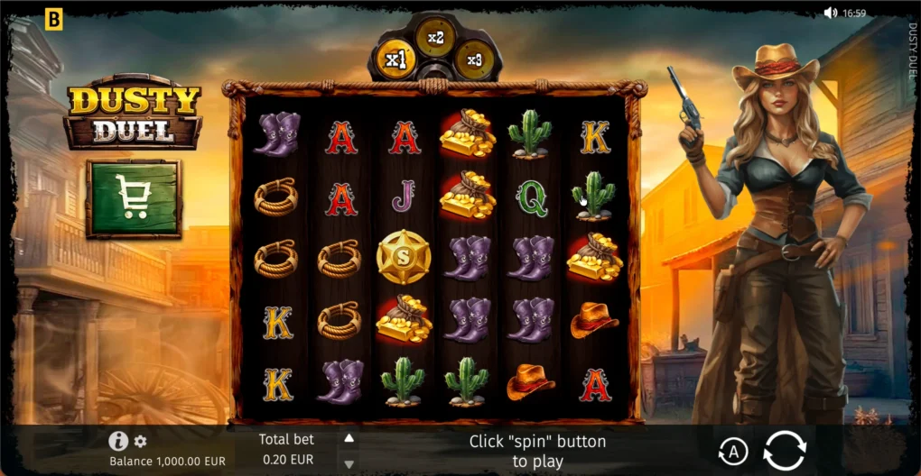 Dusty Duel six-reel five-row Western slot gameplay
