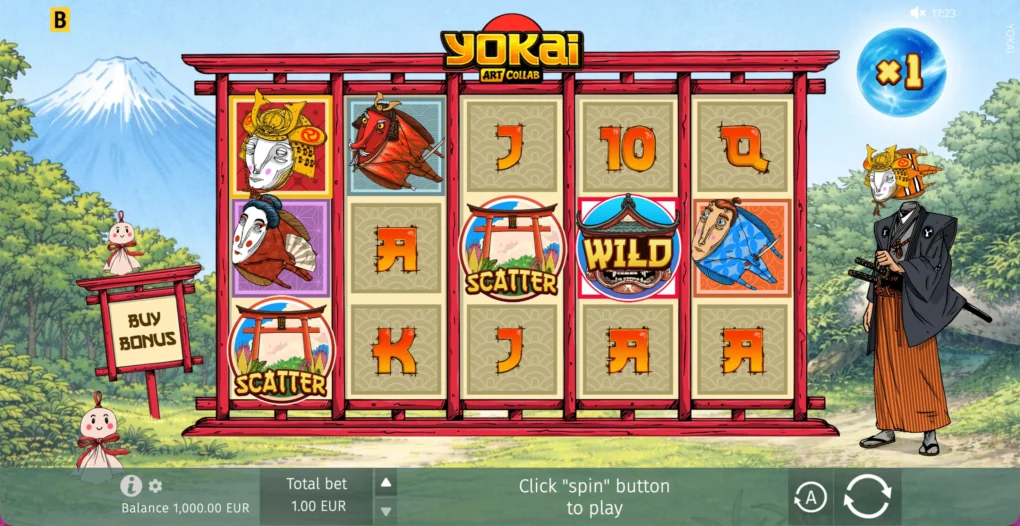 Yokai five-reel game with red gate frame, Wild, Scatters and moon multiplier