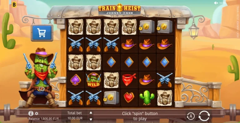 Train Heist Johnny Cash six-column five-row train carriage grid with cactus outlaw and full game controls