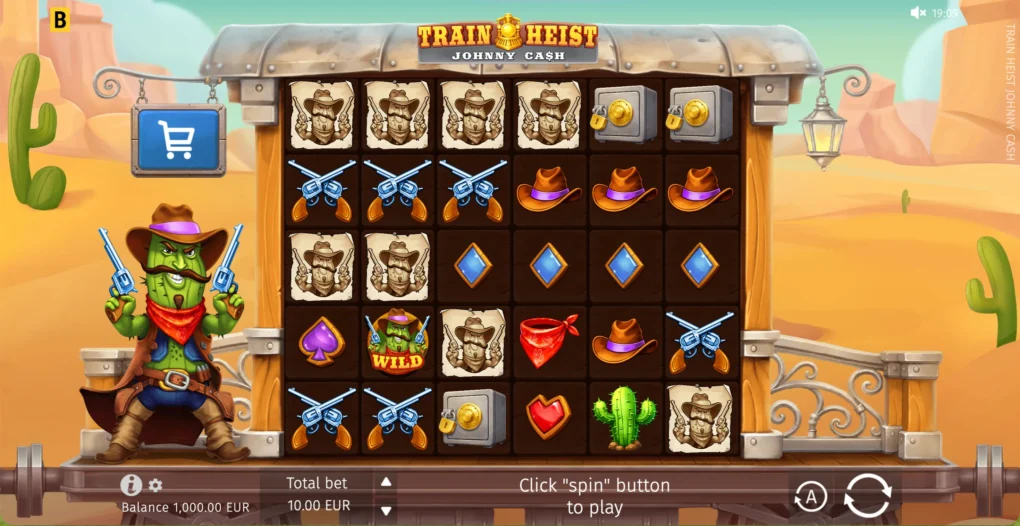 Train Heist Johnny Cash six-column five-row train carriage grid with cactus outlaw and full game controls