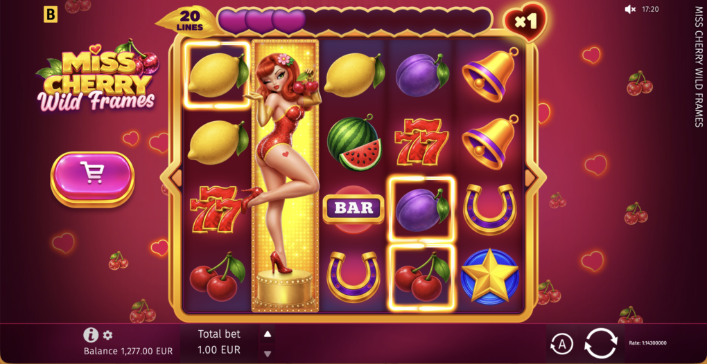 Miss Cherry Wild Frames five-reel fruit game with gold frames and ten-spin heart counter