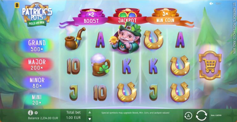 St. Patrick's Pots Hold and Win five-reel gameplay with three colored bonus pots