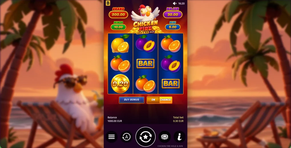 Chicken Fire fruit reels and collector controls in the full beach-themed desktop layout