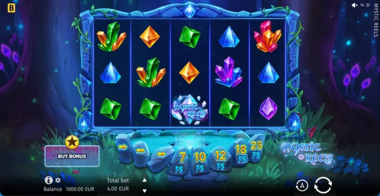 Mystic Reels five-by-three crystal board with stone free-spin trail beneath the reels