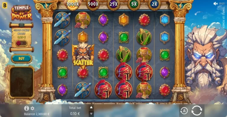 Temple of Power six-by-five grid with Zeus and five overhead multiplier values