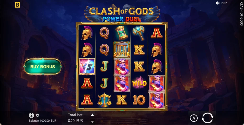 Clash of Gods Power Duel five-by-five golden reel board with VS and Scatter symbols