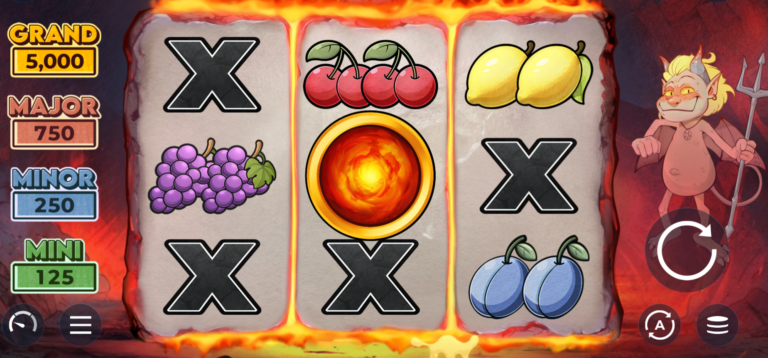 Little Devil Coins gameplay showing the full three-reel board, coin symbol, jackpot values, and controls