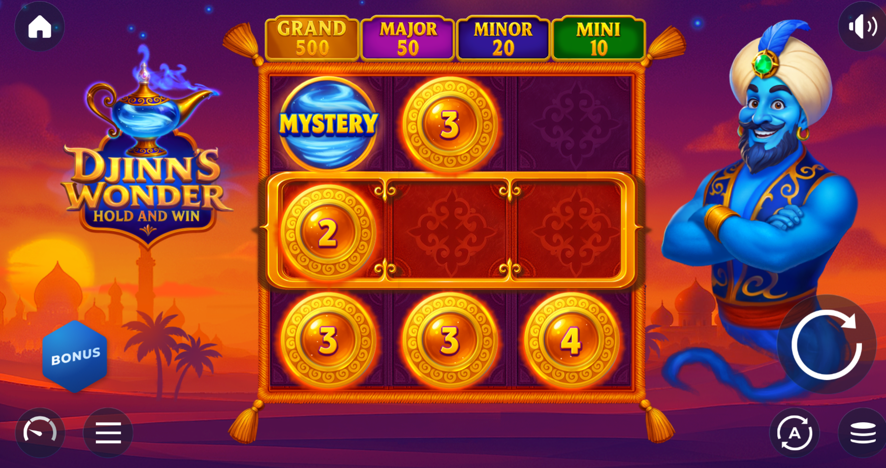 Djinn's Wonder Hold and Win gameplay showing the full coin board and genie
