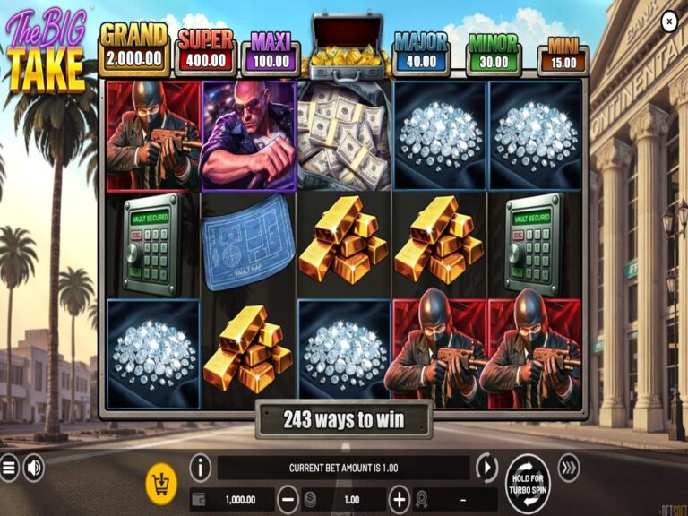The Big Take five-reel bank-heist slot with six jackpot tiers and gameplay controls