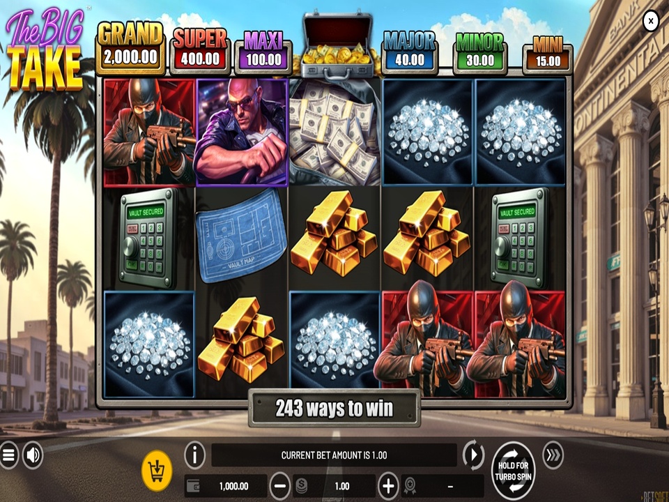 The Big Take five-reel bank-heist slot with six jackpot tiers and gameplay controls