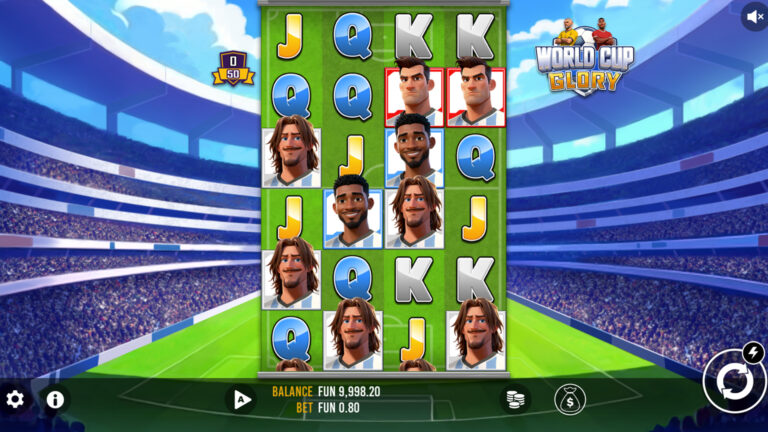 World Cup Glory slot gameplay showing the full four-reel football field