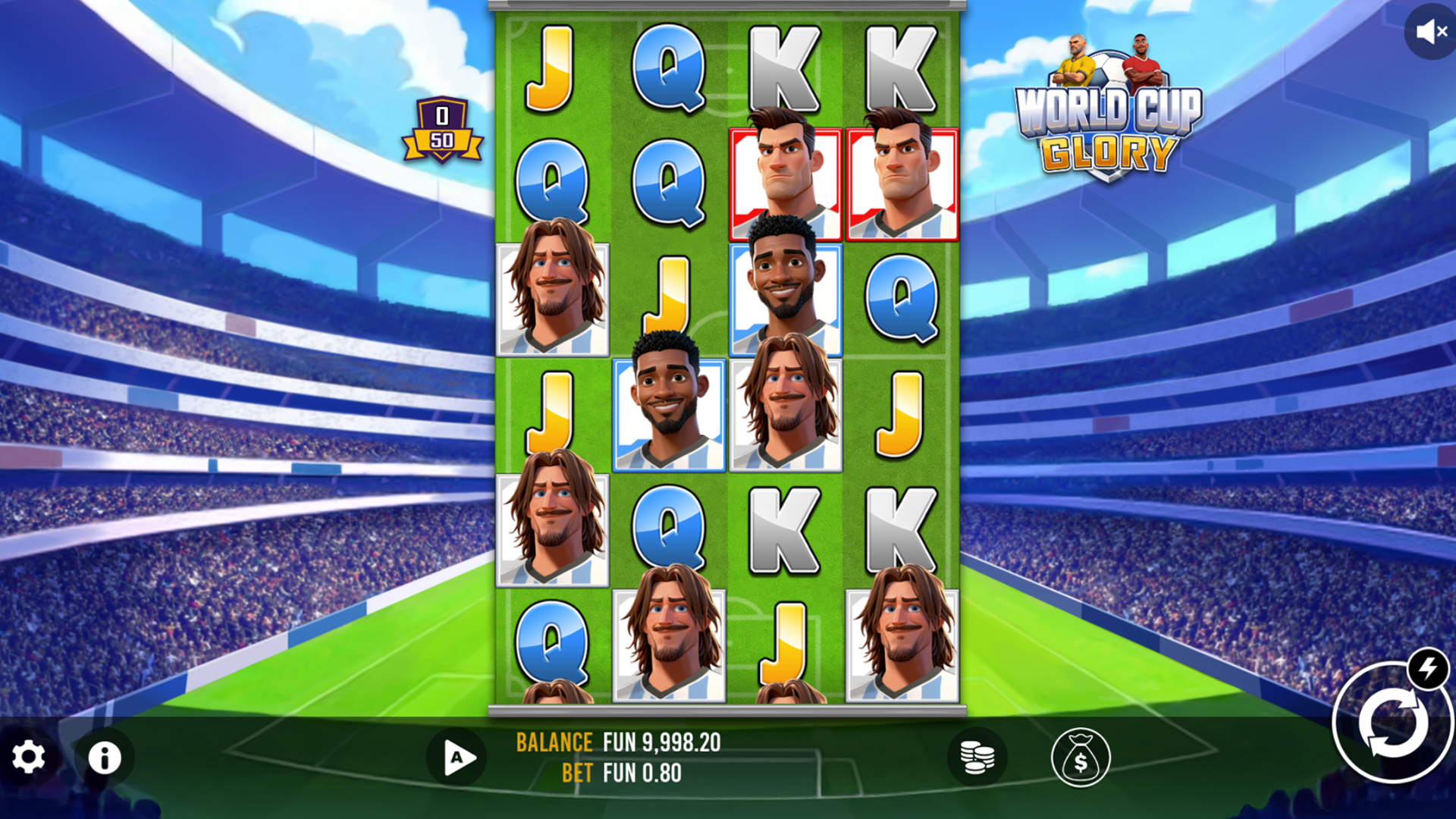 World Cup Glory slot gameplay showing the full four-reel football field