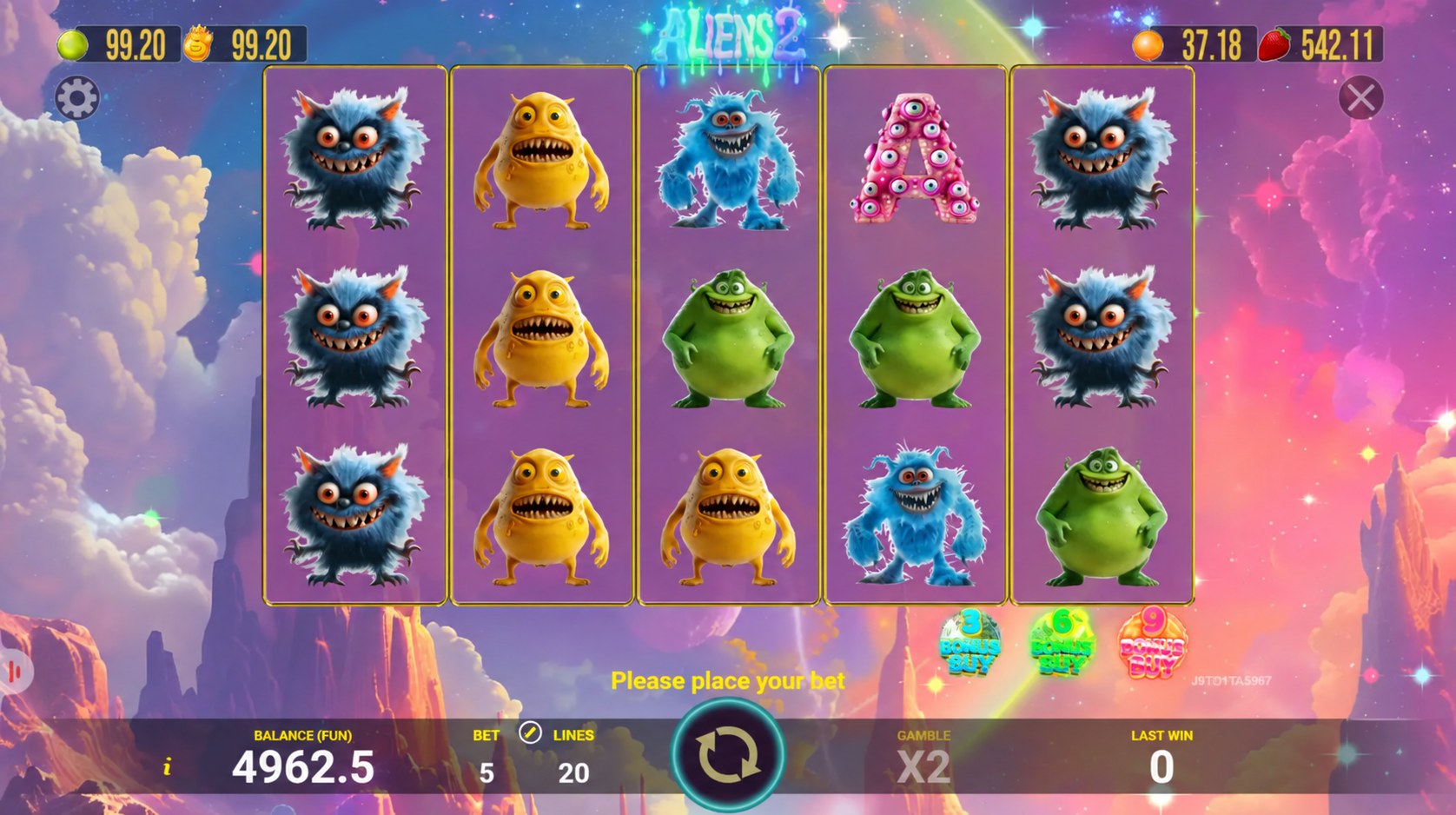 Aliens 2 slot gameplay with five reels and colorful alien symbols