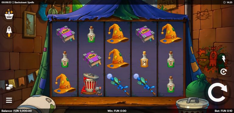Backstreet Spells five reels with patched wizard hats, spell books and potion bottles