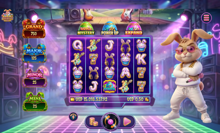 Bad Bunny's Notorious Eggs slot gameplay screenshot showing the music stage reels