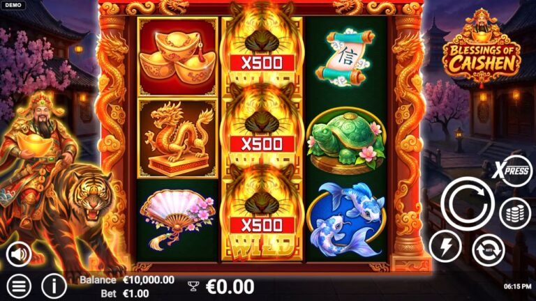 Blessings of Caishen online slot gameplay screenshot showing the reels and controls